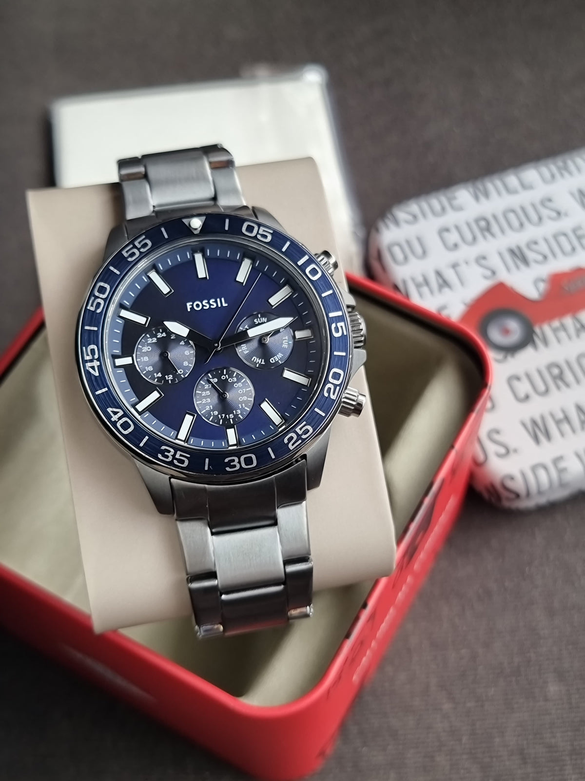 Fossil Men’s Chronograph Quartz Gunmetal Stainless Steel Blue Dial 45mm Watch BQ2910