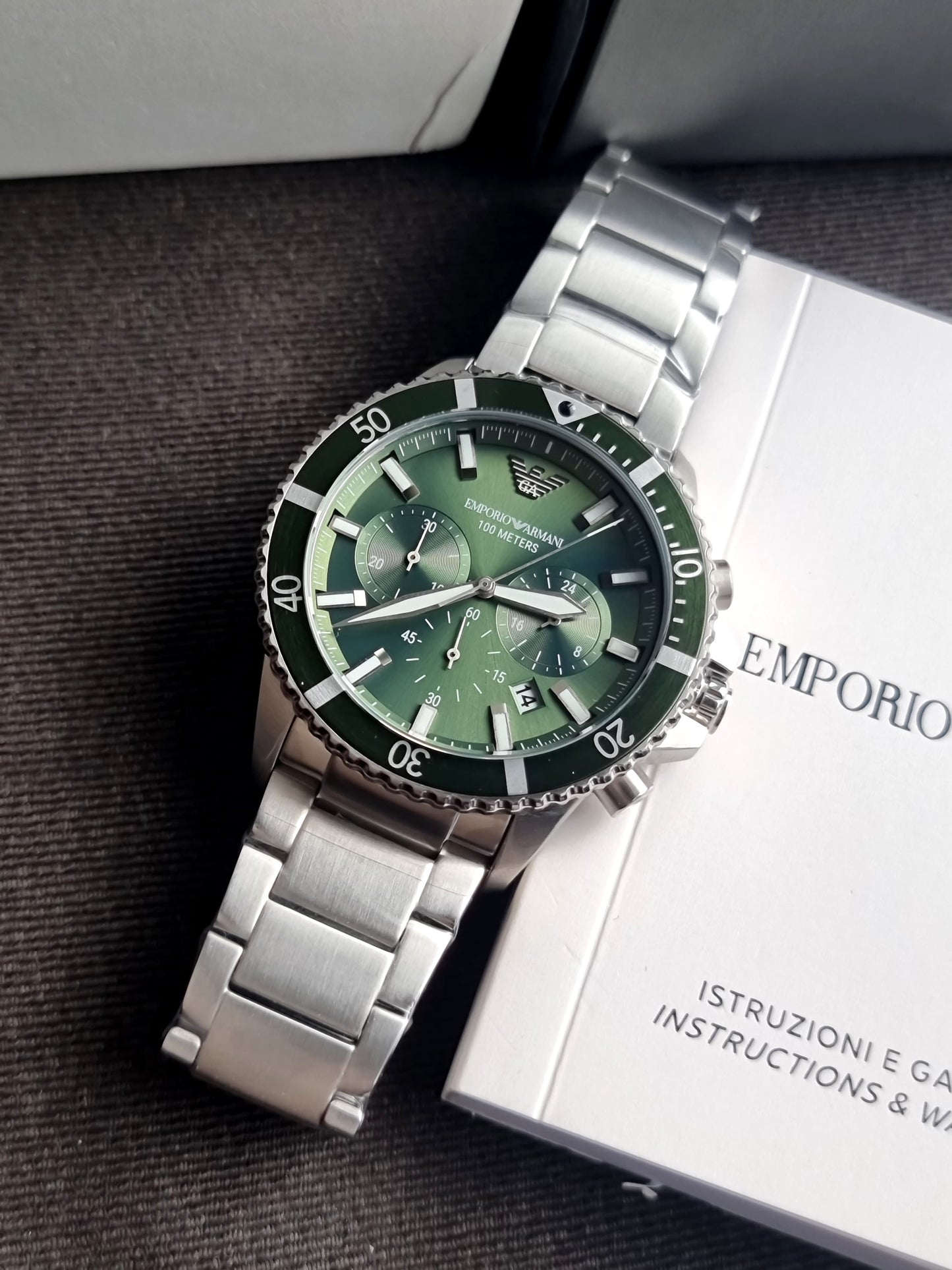 EMPORIO ARMANI Silver Stainless Steel Green Dial Chronograph Quartz Watch for Gents - AR11500(without tag)