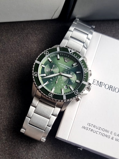 EMPORIO ARMANI Silver Stainless Steel Green Dial Chronograph Quartz Watch for Gents - AR11500(without tag)