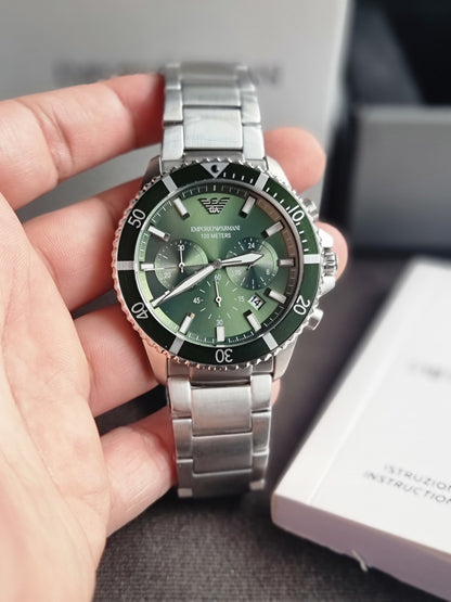 EMPORIO ARMANI Silver Stainless Steel Green Dial Chronograph Quartz Watch for Gents - AR11500(without tag)