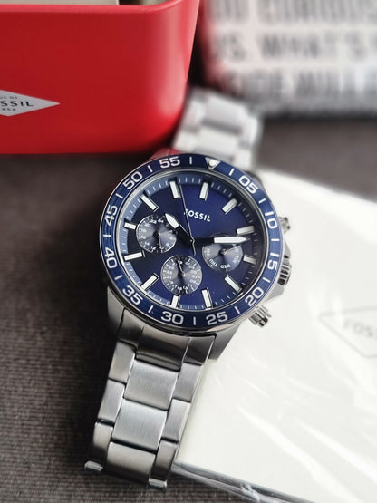 Fossil Men’s Chronograph Quartz Gunmetal Stainless Steel Blue Dial 45mm Watch BQ2910
