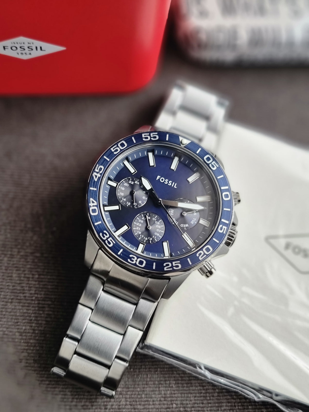 Fossil Men’s Chronograph Quartz Gunmetal Stainless Steel Blue Dial 45mm Watch BQ2910