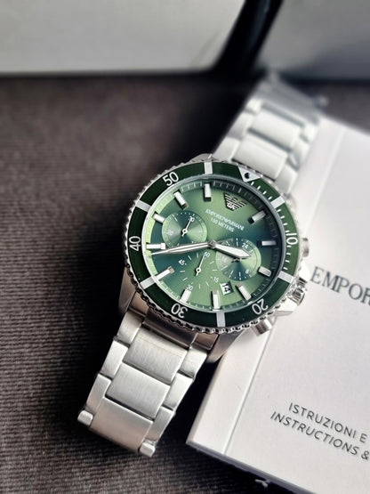 EMPORIO ARMANI Silver Stainless Steel Green Dial Chronograph Quartz Watch for Gents - AR11500(without tag)